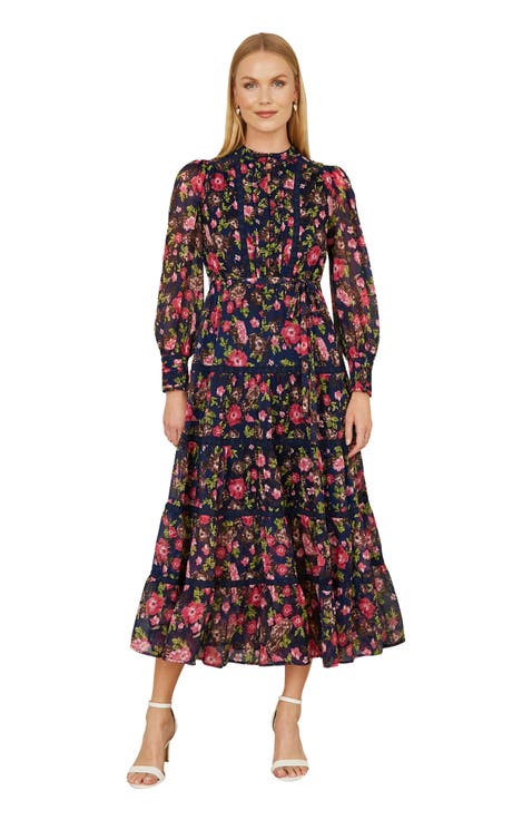 Blossom Print Lace Trim Maxi Dress