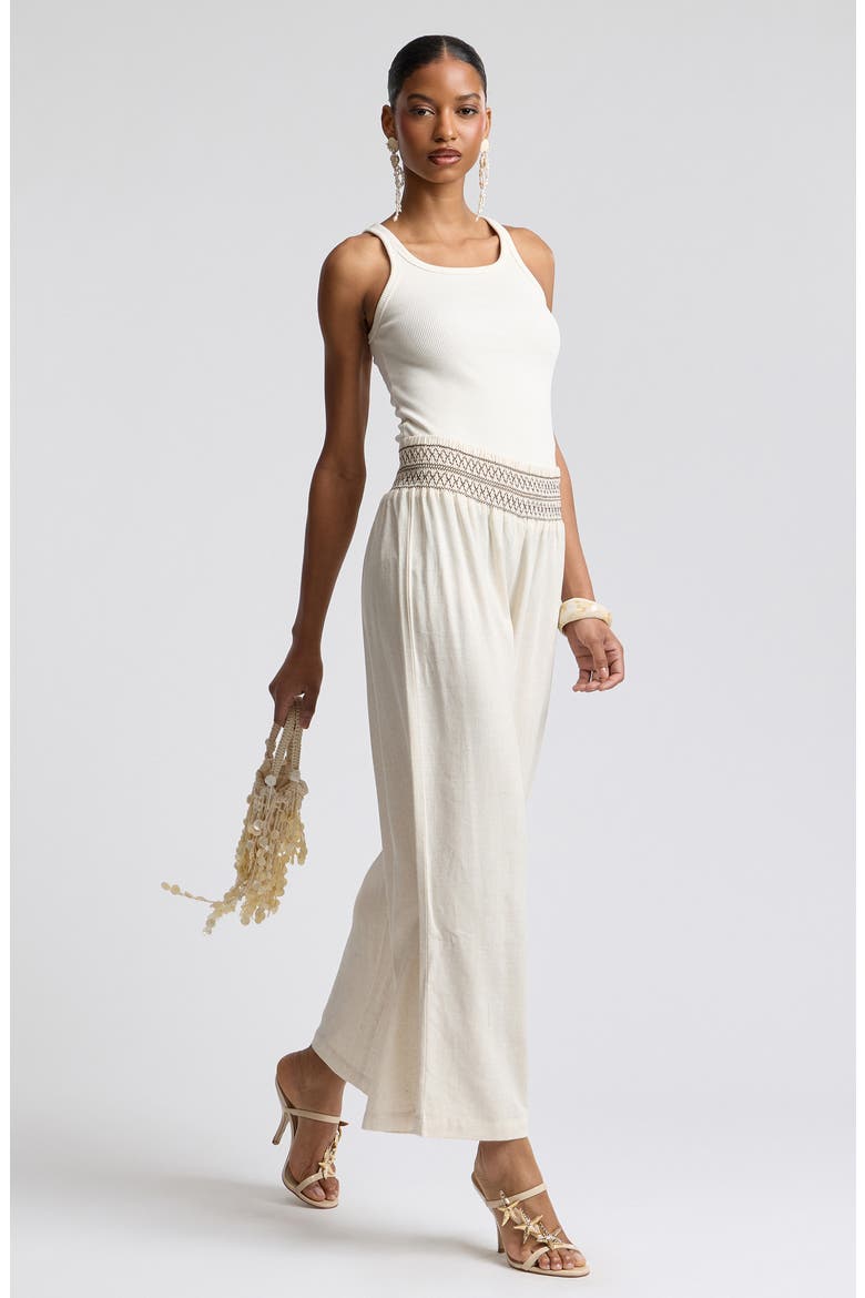 Smocked Waist Wide Leg Pants, Alternate, color, IVORY/ BROWN
