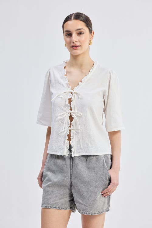 Reistor Relaxed Fit Top With Ruffles And Front-ties In Striped Horizon