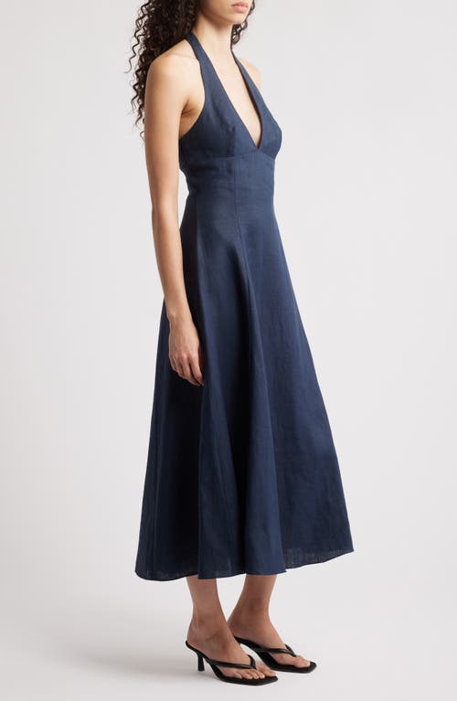 Faithfull The Brand Marais Halter Neck Linen Midi Dress In Navy