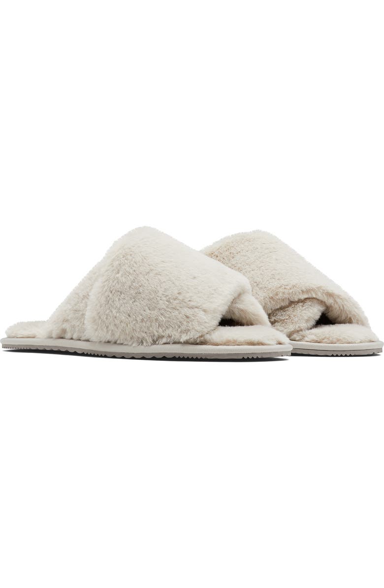 SOREL Go Mail Run Faux Fur Slide Slipper, Main, color, Dove/ Sea Salt