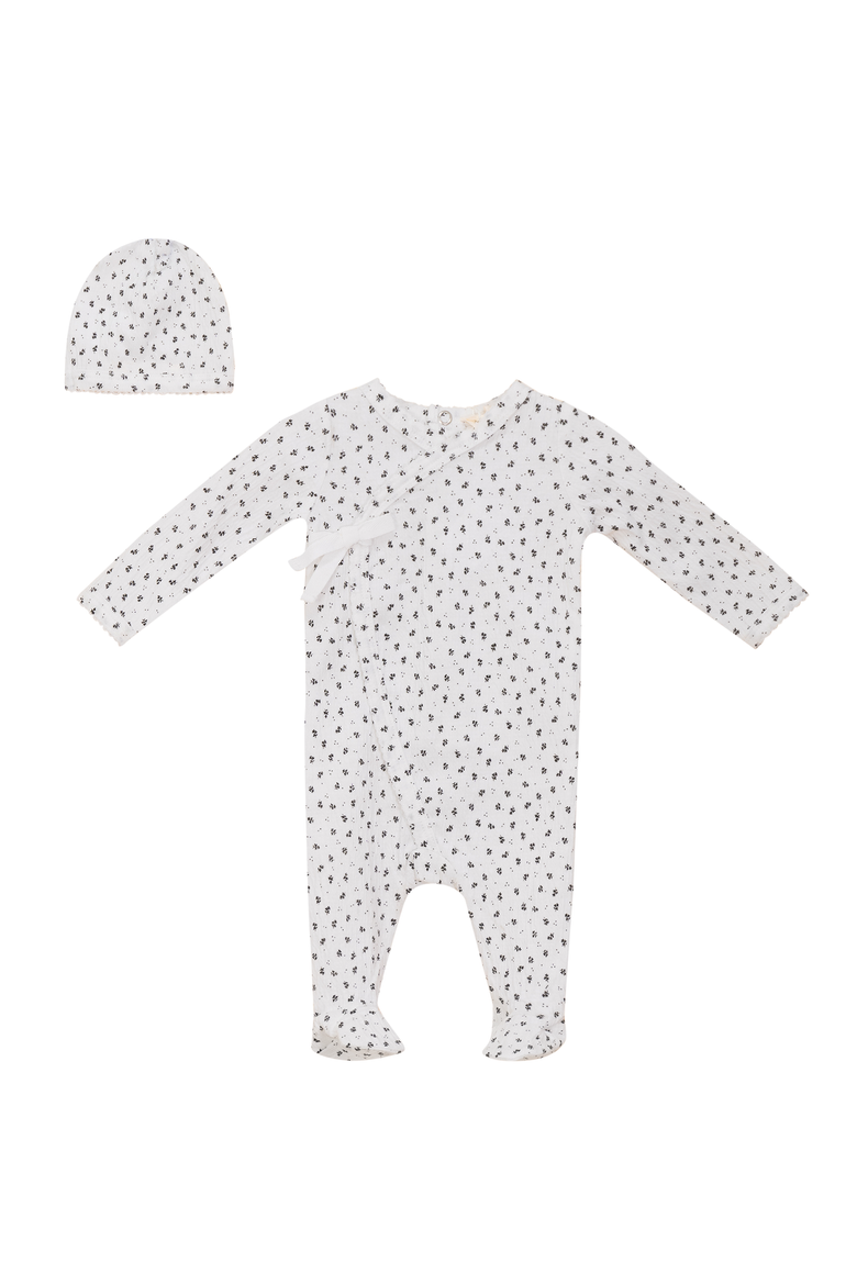 Crinkle Flower Print Romper with Hat Set, Main, color, White/Black