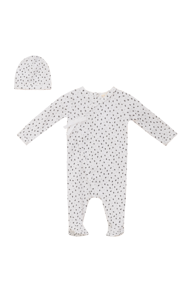 Fragile Crinkle Flower Print Romper with Hat Set, Main, color, White/Black