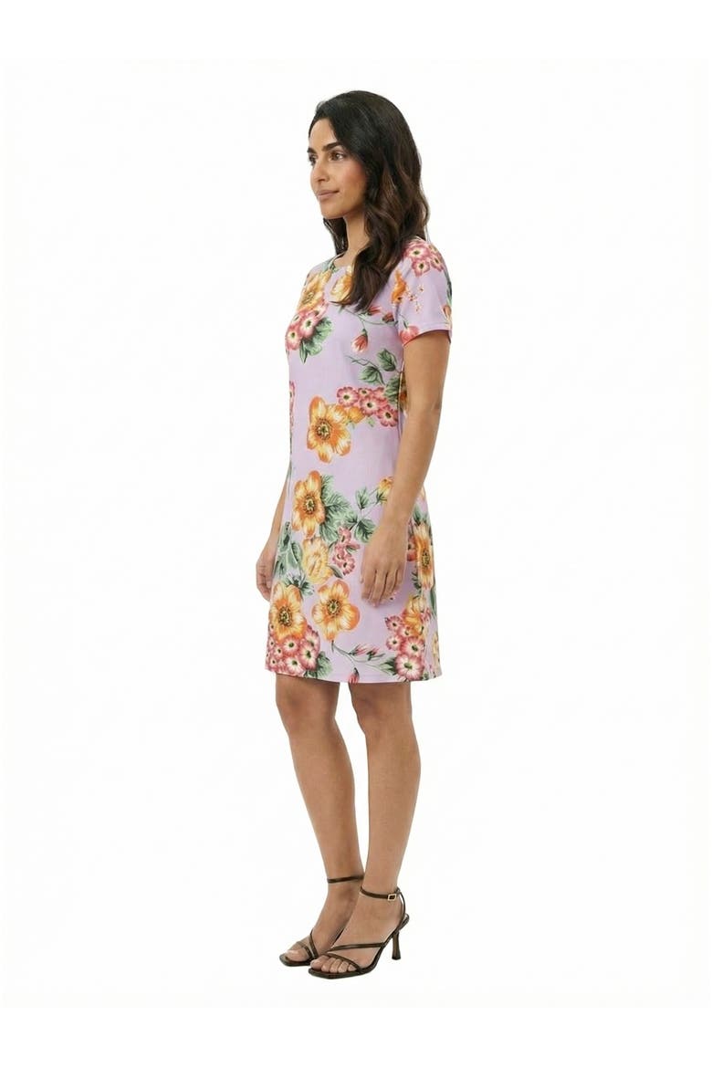 Essential Petite Floral Short Sleeve Round Neck Mini Shift Dress, Alternate, color, Lilac Multi