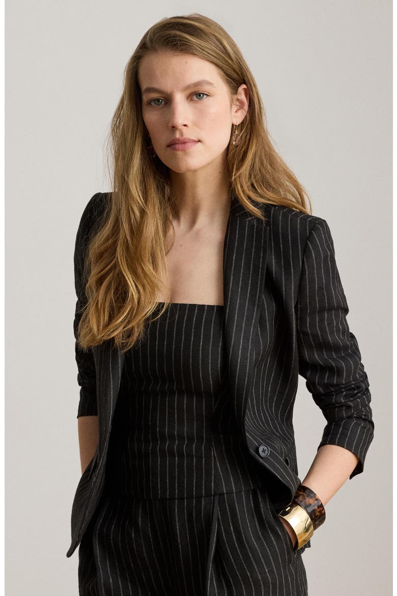 Pinstripe Linen Blazer, Alternate, color, BLACK/ BEIGE