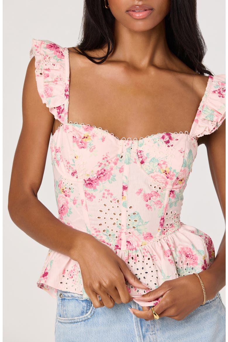 Baylin Floral Eyelet Lace-Up Back Peplum Top, Alternate, color, PINK FLORAL