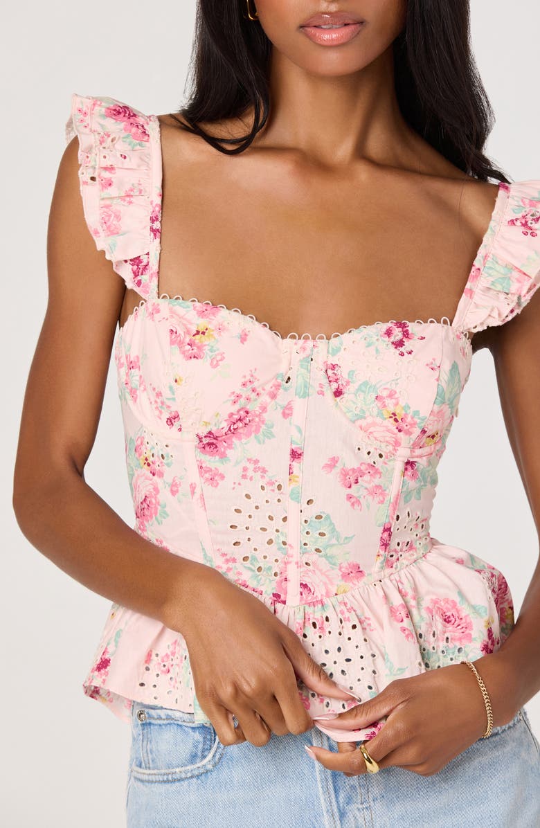 ASTR the Label Baylin Floral Eyelet Lace-Up Back Peplum Top, Alternate, color, Pink Floral