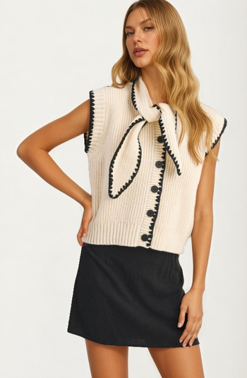 Contrast Trim Sleeveless Knit Vest with Tie Detail
