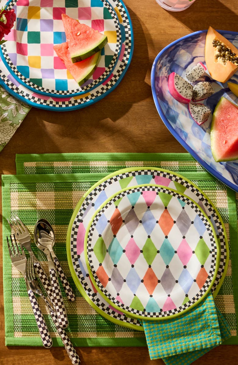 MACKENZIE CHILDS Palm Springs Set of 4 Melamine Dinner Plates, Alternate, color, White Multi