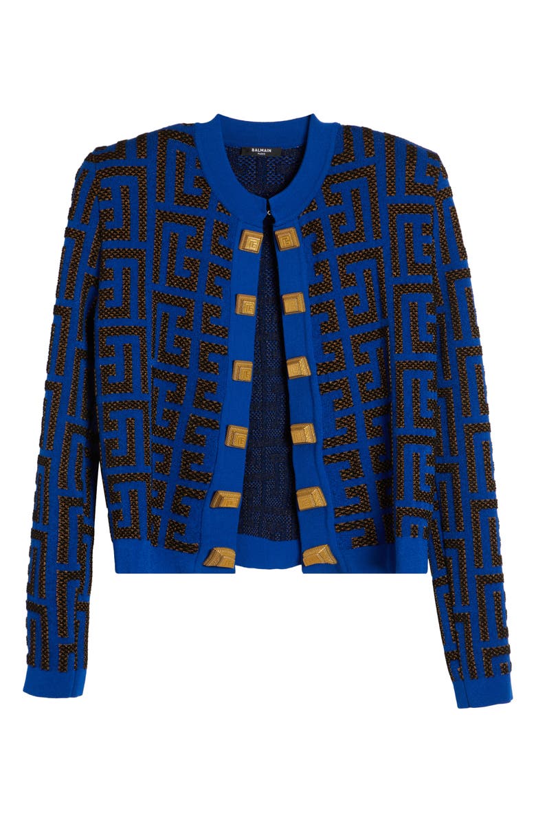 Balmain Pharaon Metallic Monogram Jacquard Sweater Jacket, Alternate, color,