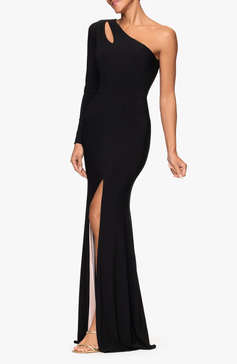 Xscape Evenings Cutout One-Shoulder Single Long Sleeve Mermaid Gown, Alternate, color, Black