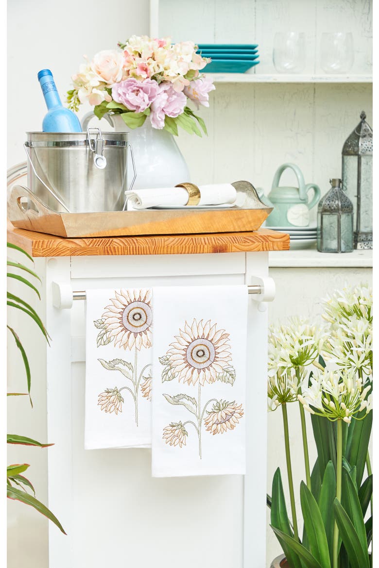 Sunflower Cotton Embroidered Flour Sack Kitchen Towel, Alternate, color, White