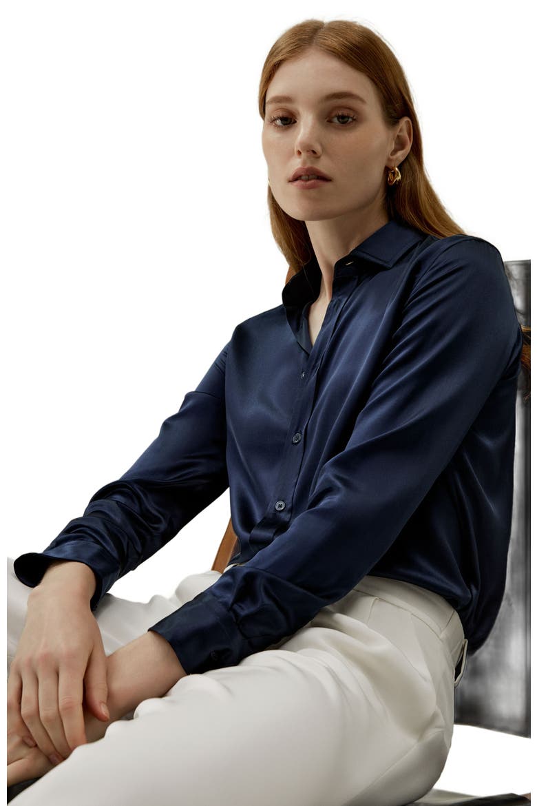 Women's Tailored Button Down Silk Shirt, Alternate, color, Navy Blue