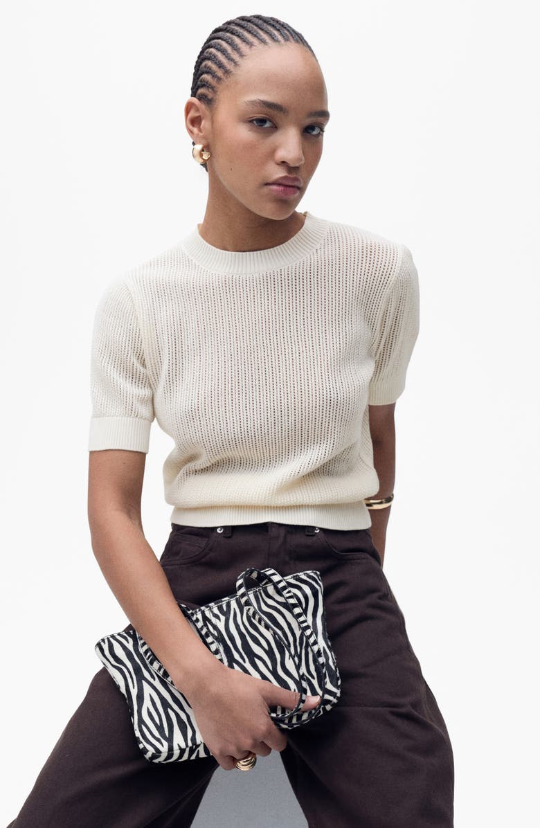 MANGO Open Stitch Short Sleeve Cotton Blend Sweater, Main, color, Ecru