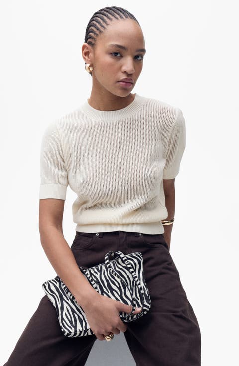 Open Stitch Short Sleeve Cotton Blend Sweater