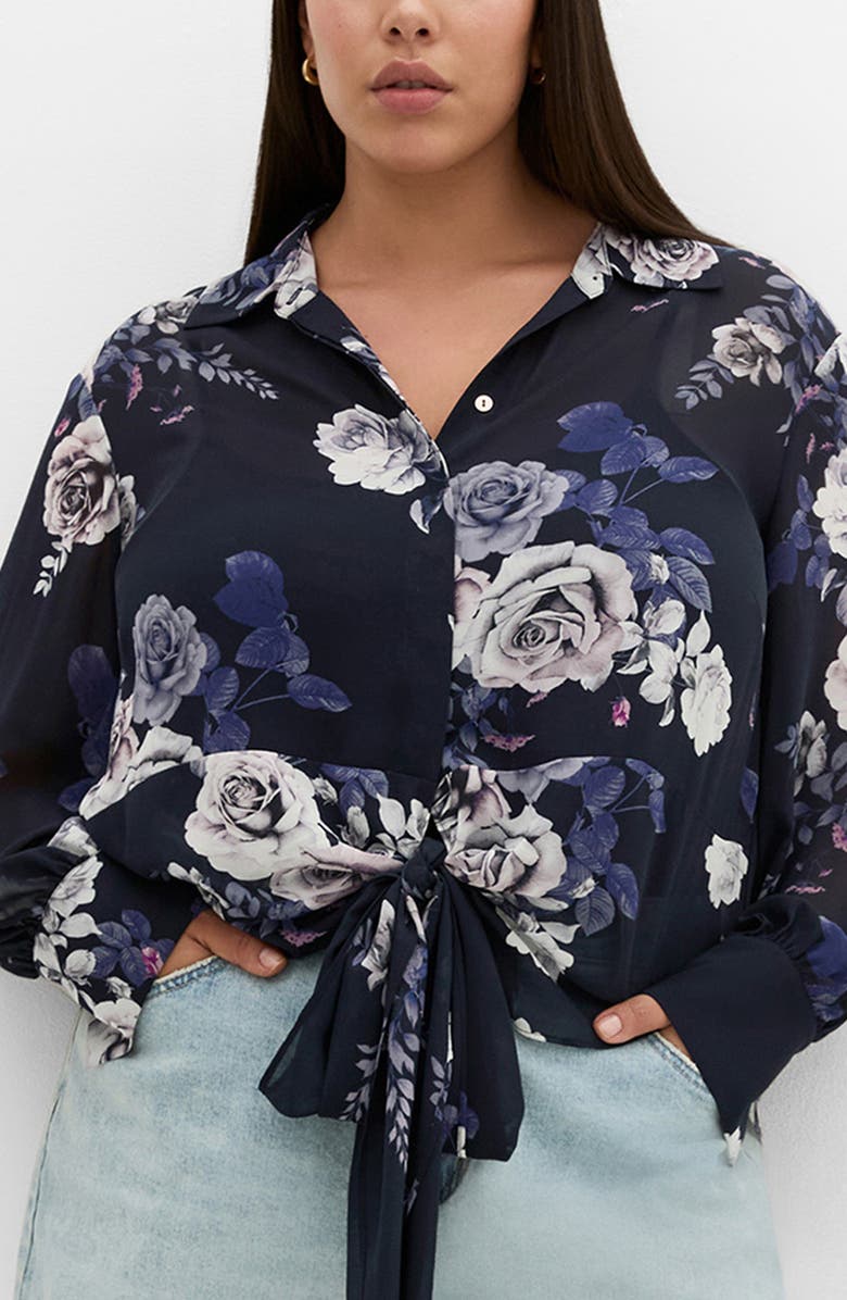City Chic Janine Floral Print Tie Waist Shirt, Main, color, 