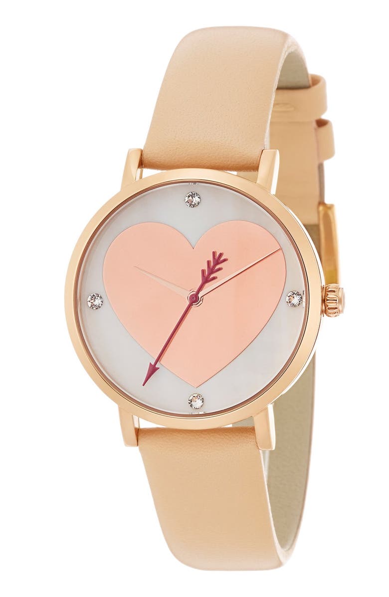 Kate Spade New York 'metro' heart dial leather strap watch, 34mm, Main, color, 
