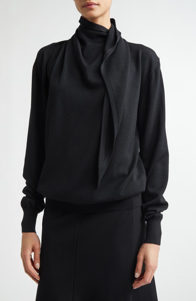 Jil Sander Scarf Tie Virgin Wool Sweater, Alternate, color, Black