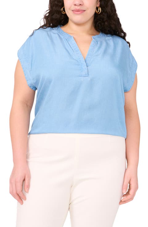 Chambray Split Neck Top (Plus)