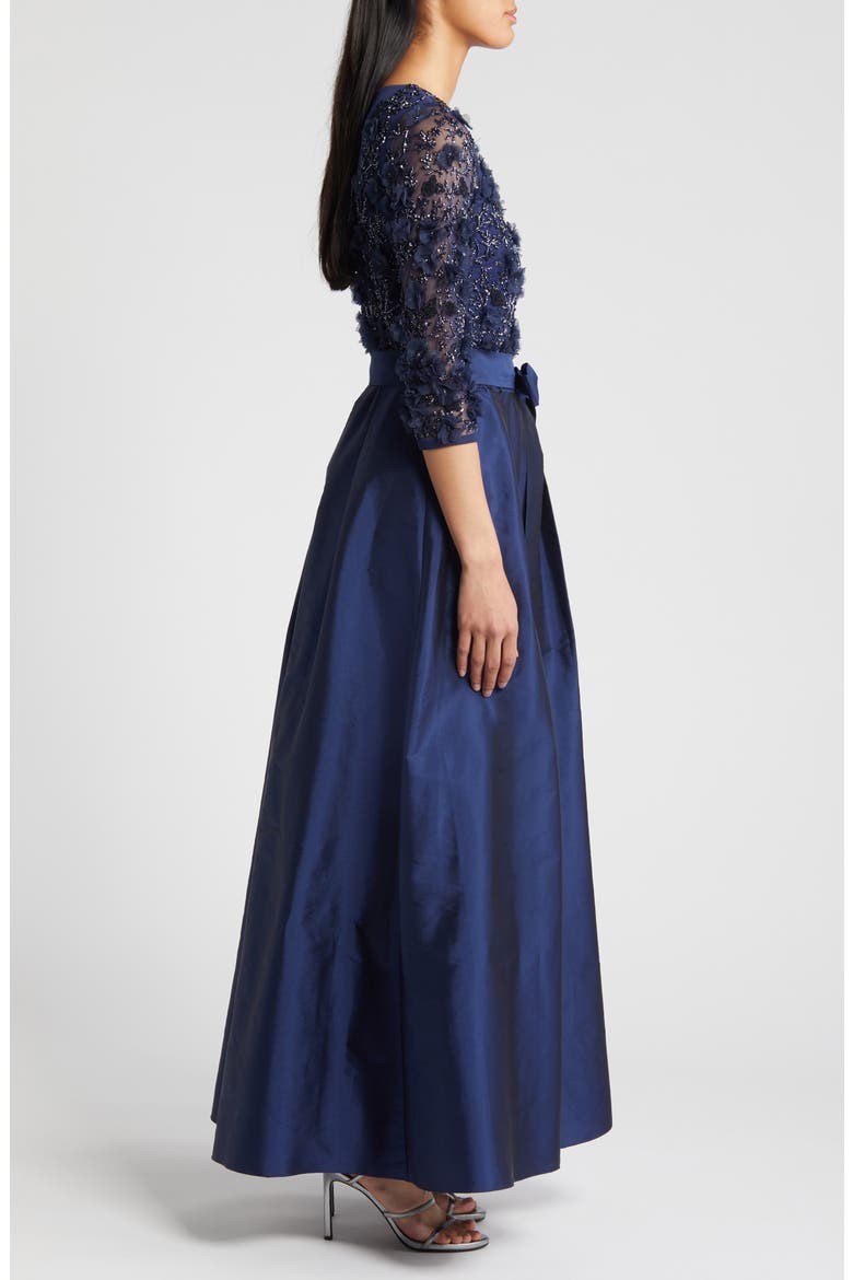 3D Floral Beaded Taffeta Dress, Alternate, color, NAVY