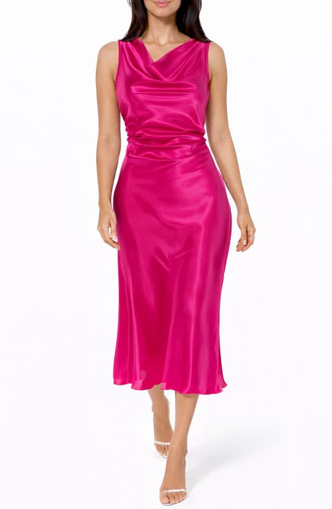 Cowl Neck Sleeveless Satin Midi Dress