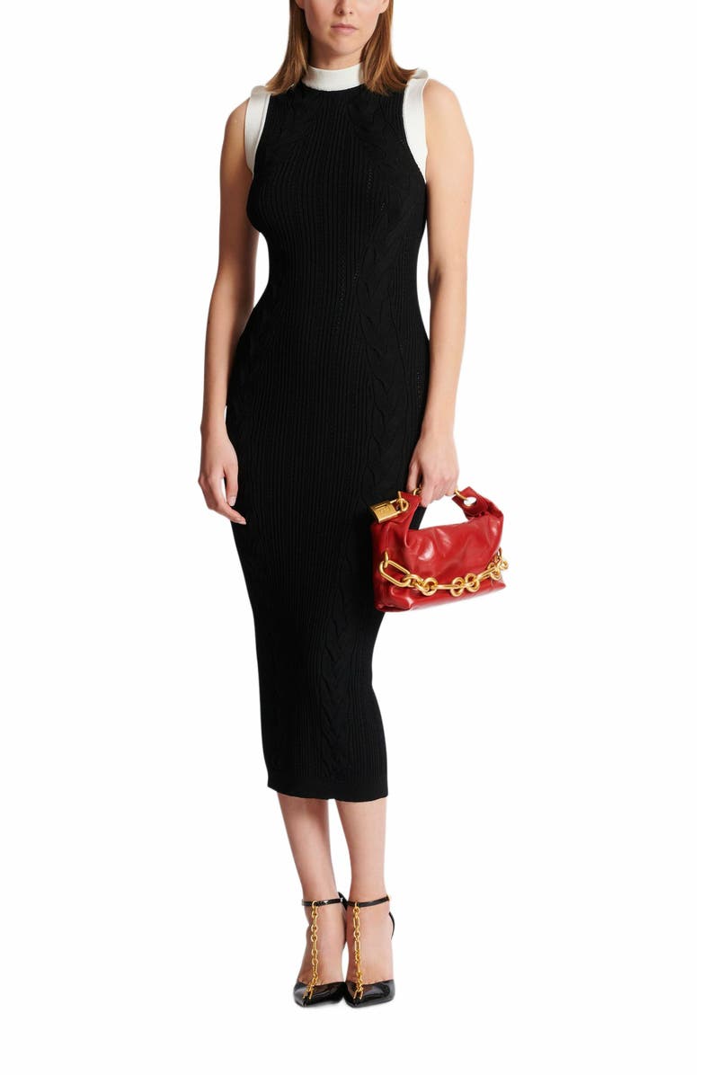 Balmain Long Two-Tone Cable-Knit Dress, Alternate, color, Black