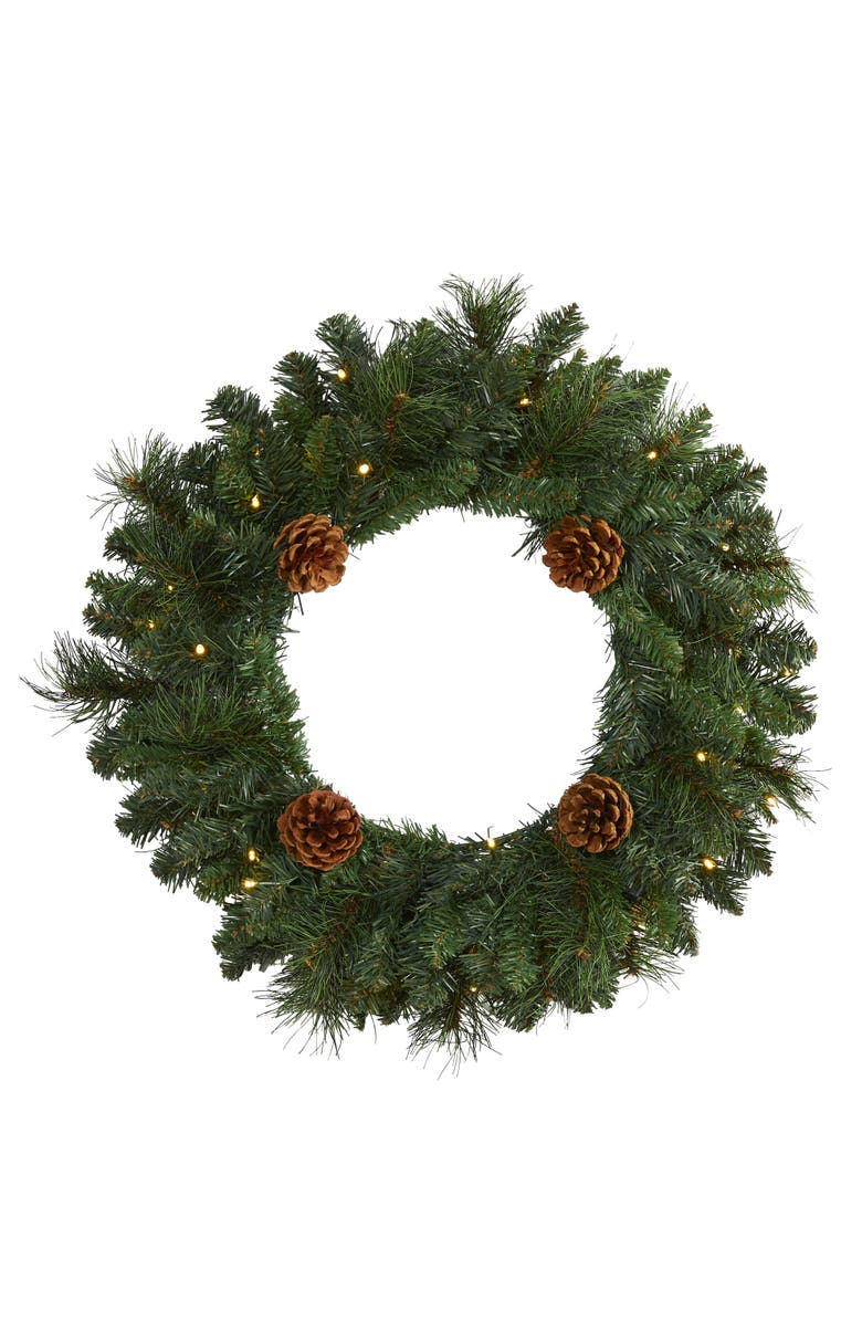 NEARLY NATURAL 20-in Pine Artificial Christmas Wreath with 35 LED Lights and Pinecones, Main, color, Green