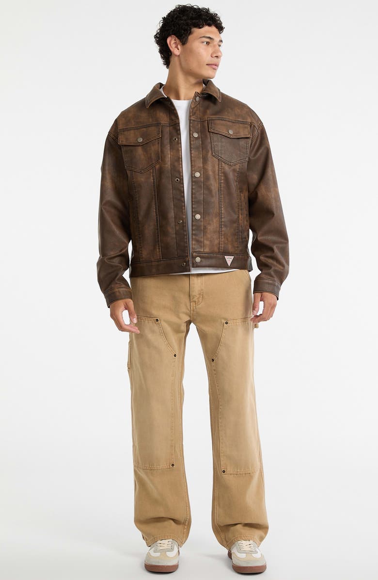 GUESS ORIGINALS Faux Leather Trucker Jacket, Alternate, color, Brown