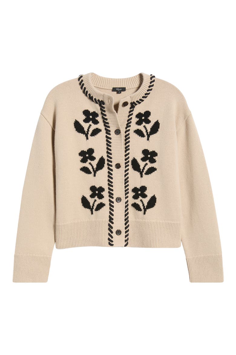 Mavie Intarsia Floral Cardigan, Alternate, color, OAT BLACK
