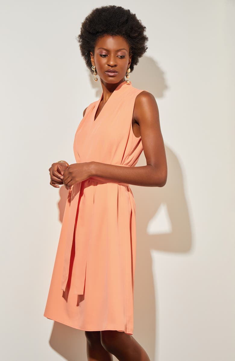 Ming Wang Sleeveless Tie Waist Crepe Dress, Alternate, color, Coral Sand