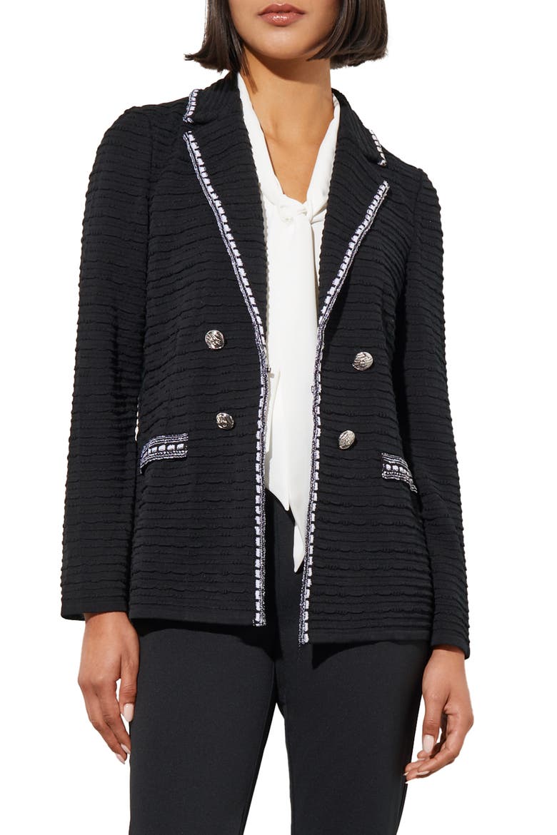 Contrast Trim Textured Knit Blazer, Main, color, BLACK/ WHITE