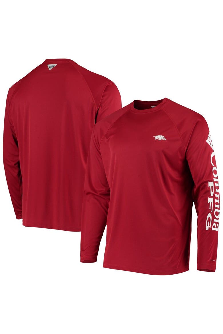 Men's Columbia Cardinal Arkansas Razorbacks Terminal Tackle Omni-Shade Raglan Long Sleeve T-Shirt, Main, color, Cardinal