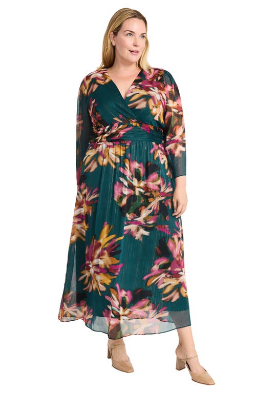 Maggy London Metallic Long Sleeve Chiffon Dress In Teal/pink Power