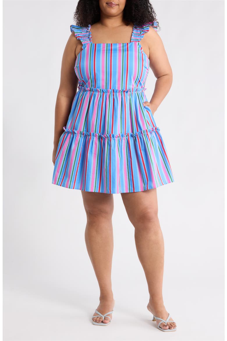 Cabina Floral Ruffle Tiered Cotton Mini Sundress, Main, color, PINK-BLUE-GREEN