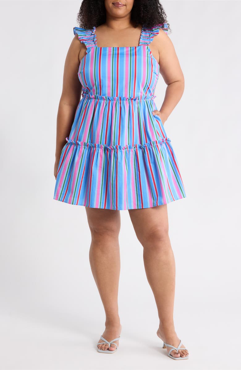 SUGARLIPS Cabina Floral Ruffle Tiered Cotton Mini Sundress, Main, color, Pink-Blue-Green