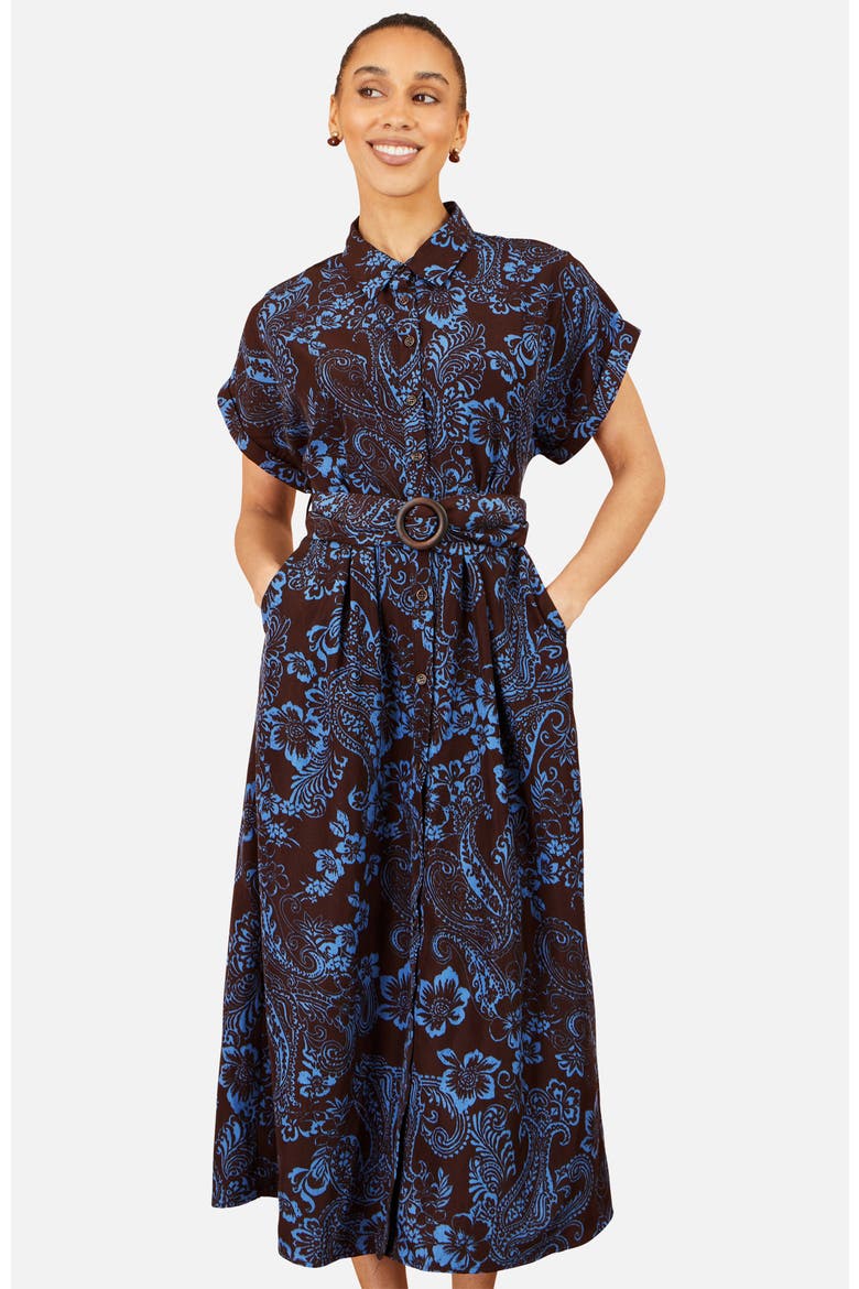 Paisley Belted Midi Shirt Dress, Alternate, color, Brown