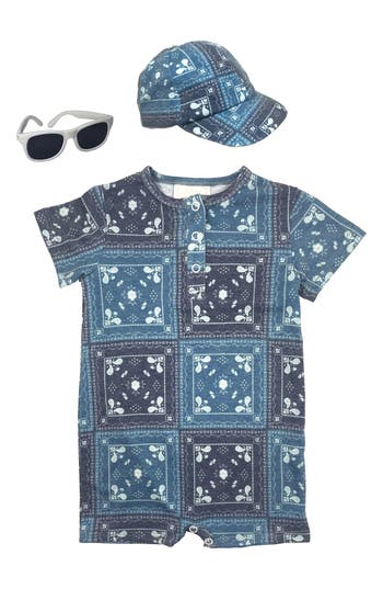 Shop Toby Bandana Print Romper, Hat & Sunglasses Set In Dusk