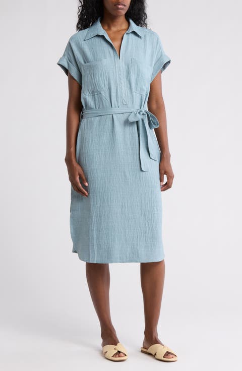 Textured Short Sleeve Midi Shirtdress