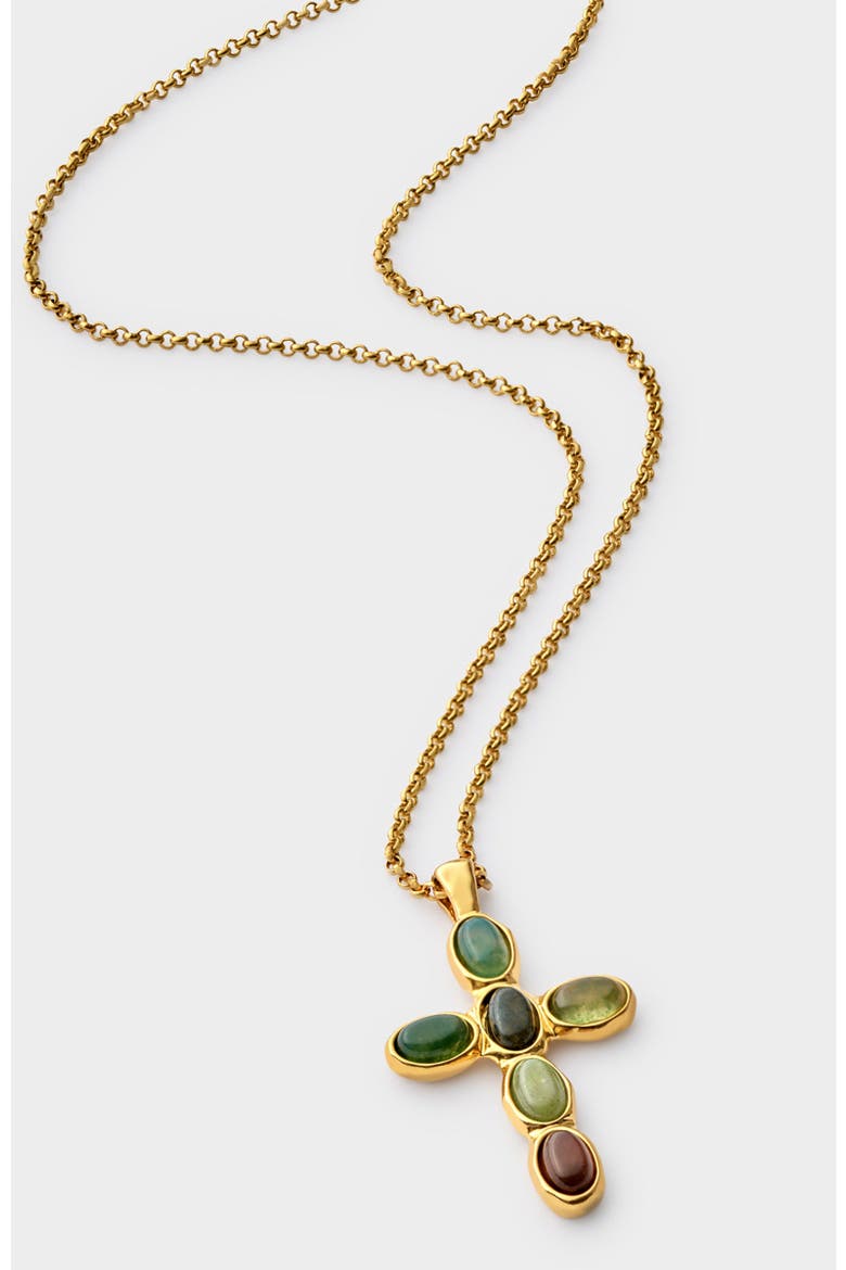 Green Agate Cross Necklace, Alternate, color, Gold Coated