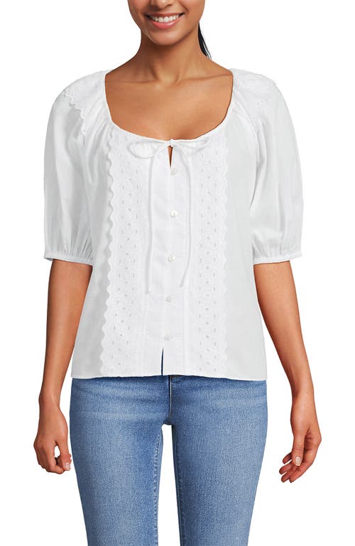 Lands' End Voile Puff Elbow Sleeve Embroidered Blouse In White