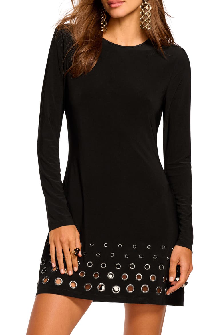 Dorinda Rivet Detail Long Sleeve Minidress, Main, color, BLACK