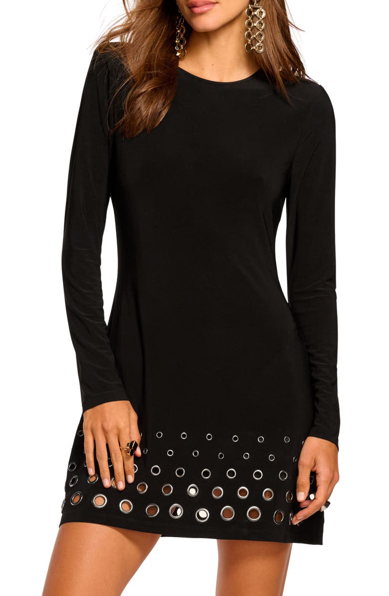 Ramy Brook Dorinda Rivet Detail Long Sleeve Minidress, Main, color, Black