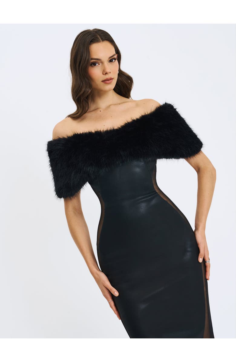 Miss Circle Bellis Faux Fur Trim Mesh Panel Off-Shoulder Midi Dress, Alternate, color, Black