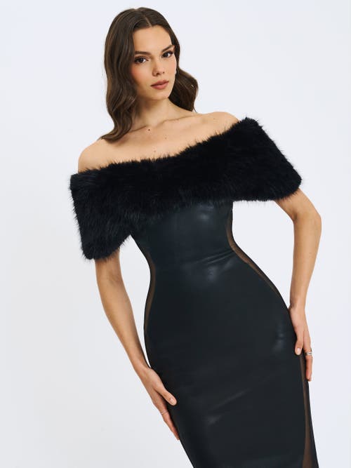 Miss Circle Bellis Faux Fur Trim Mesh Panel Off-shoulder Midi Dress In Black