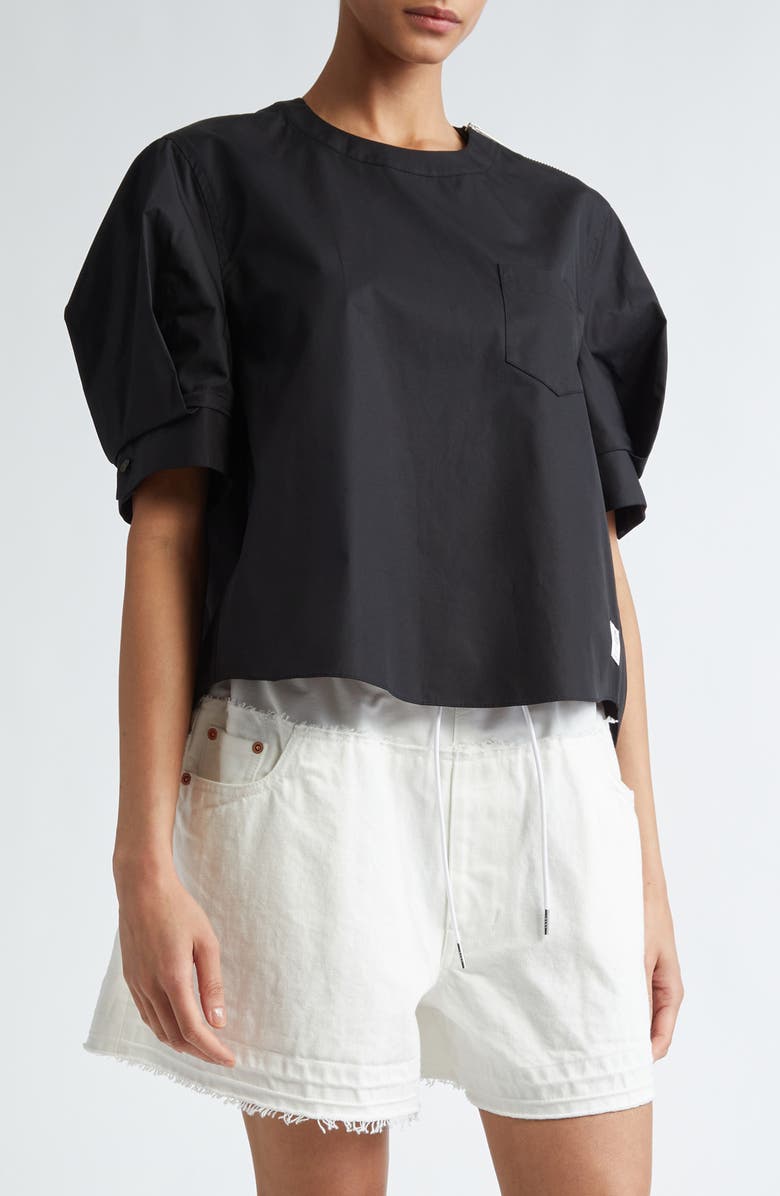 Sacai x Thomas Mason Puff Sleeve Cotton Poplin Top, Main, color, 