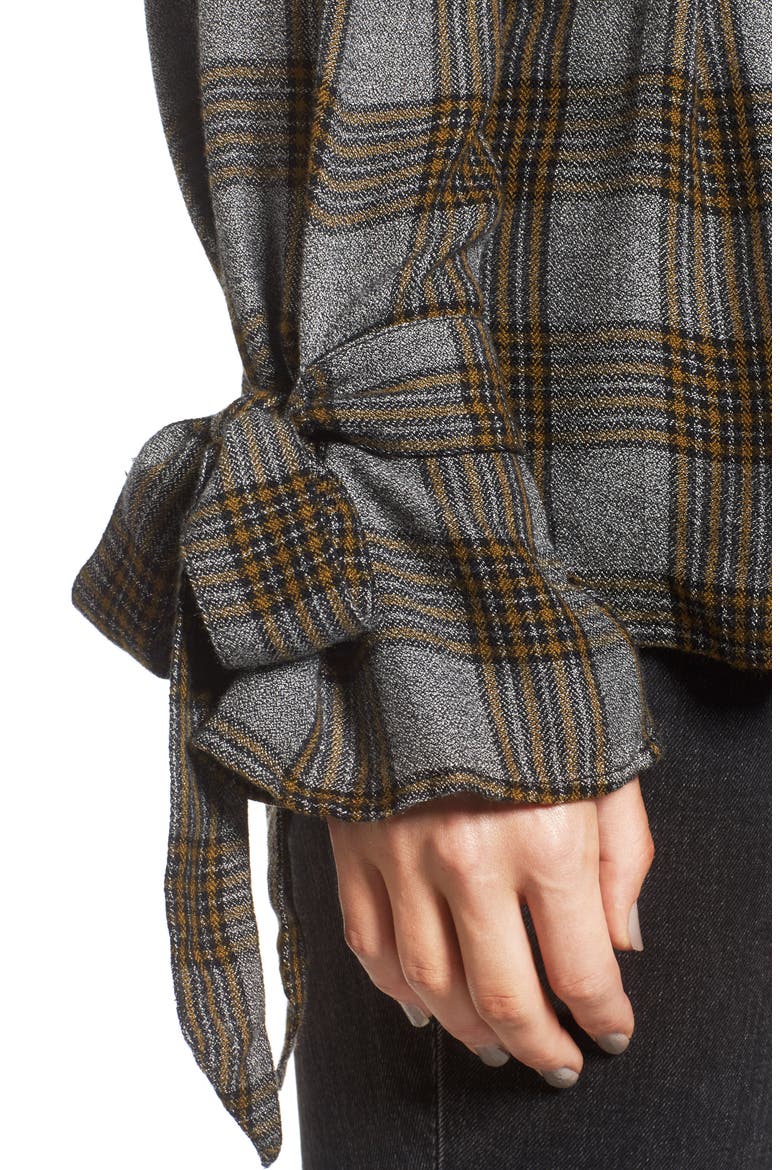 x Something Navy Tie Sleeve Top, Alternate, color, OLIVE BREEN CHECK