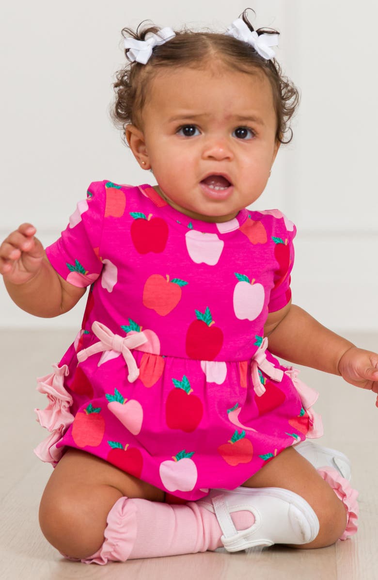 RuffleButts Apple of My Eye Ruffle Cotton Bubble Romper, Alternate, color, Pink