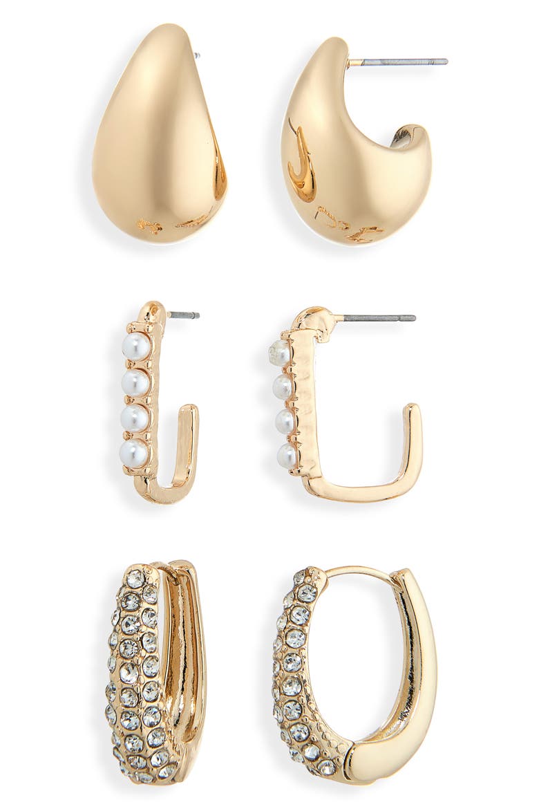 Set of 3 Teardrop Hoop Earrings, Main, color, CLEAR- WHITE- GOLD