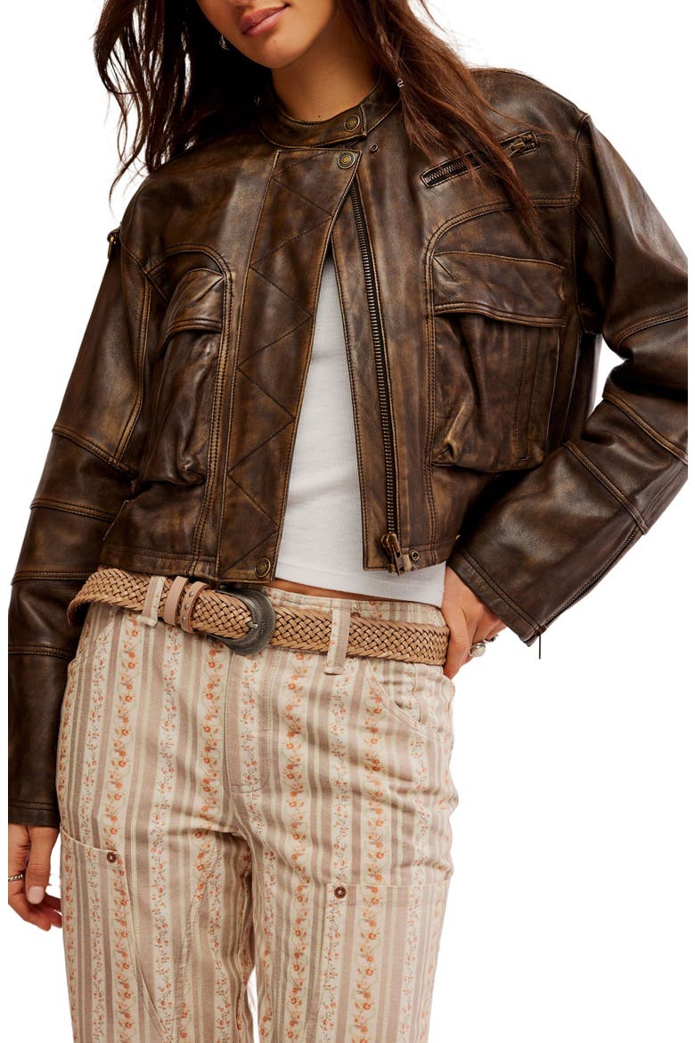 Adrienne Leather Bomber Jacket, Main, color, BROWNIE