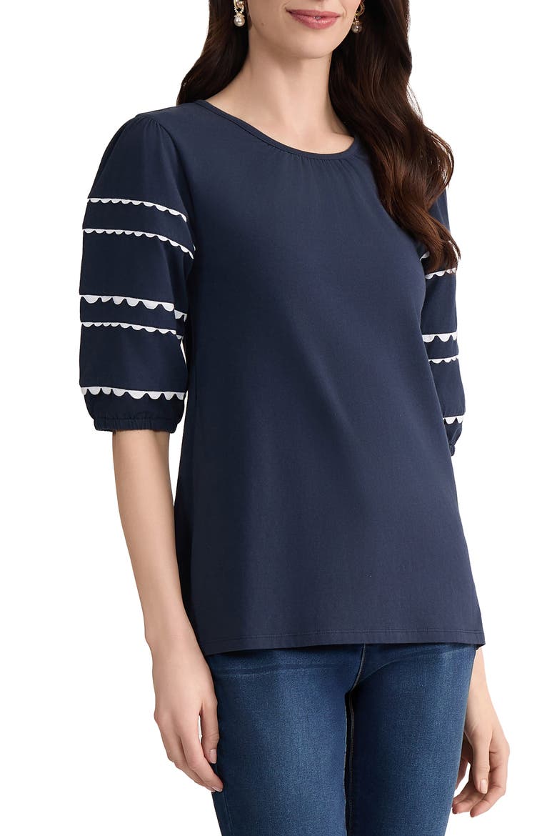 Rickrack Puff Sleeve Stretch Cotton Top, Alternate, color, PACIFIC NAVY/ NATURAL WHITE